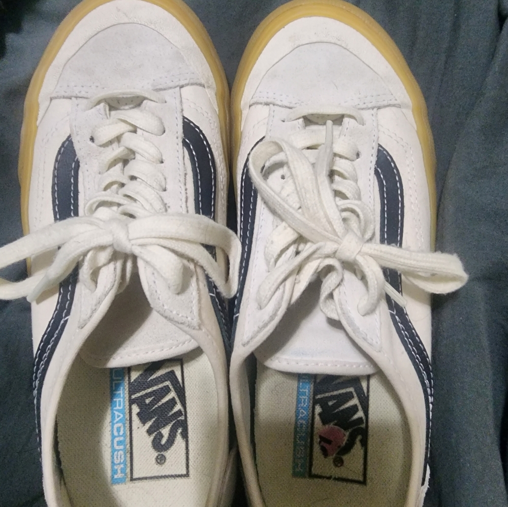 White new style vans with gum soles